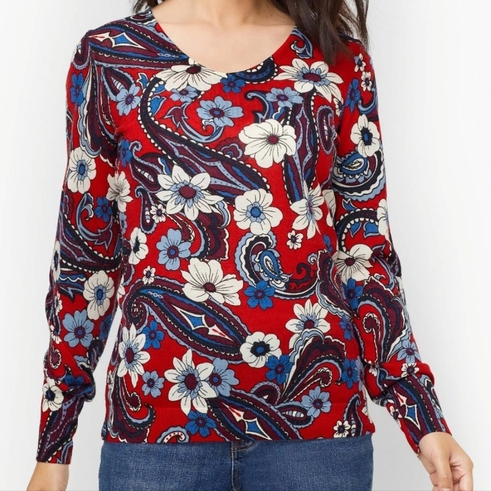 Talbots Pure Merino Wool Puff Sleeve Sweater Paisley Bloom sz L Red Blue
